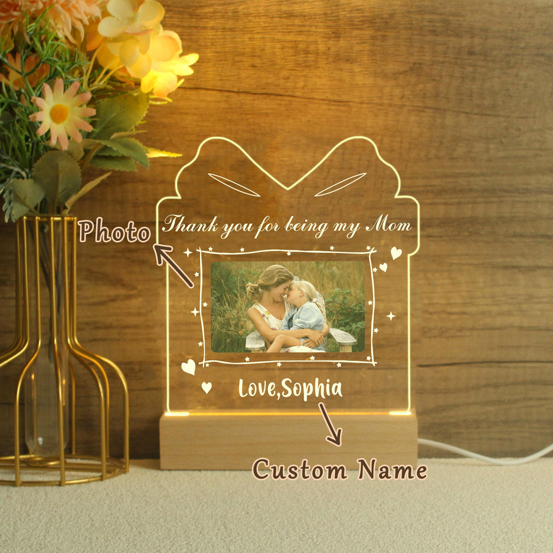 Custom acrylic night light with engraved name and personalised photo – glowing gift for baby, birthday or special occasion