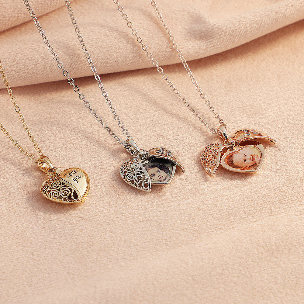 Heart photo locket necklace in silver, gold and rose gold with engraved front
