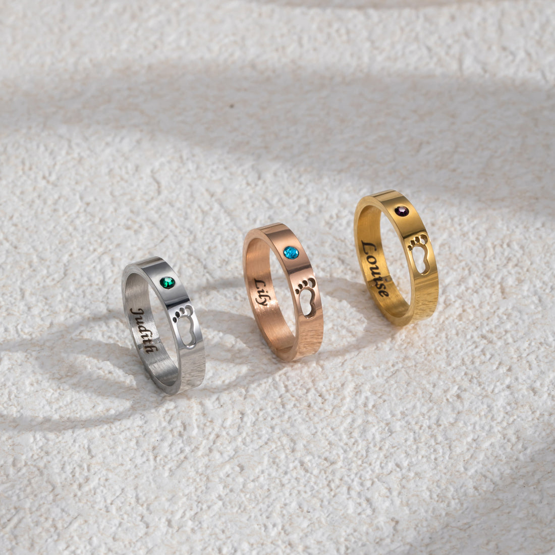 Personalised name ring with birthstone crystal in gold and silver – engraved adjustable band gift for her.