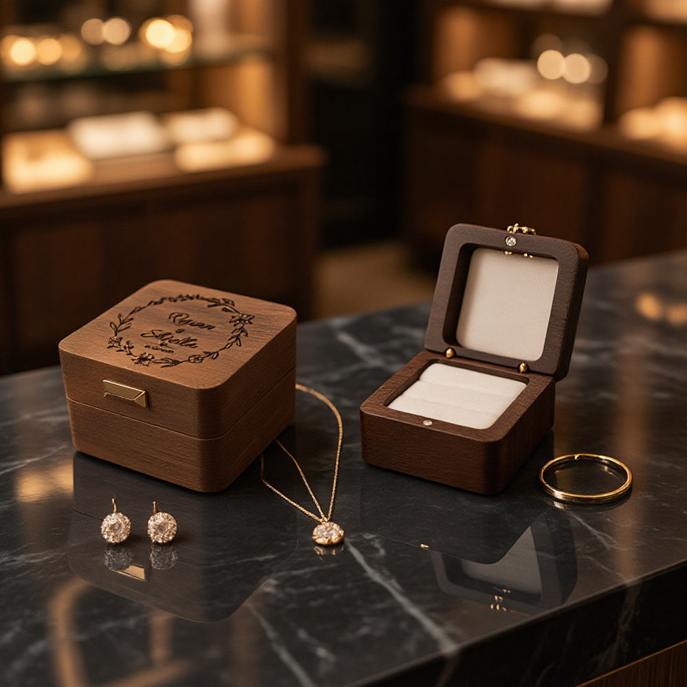 Personalised Square Walnut Ring Box – Custom Engraved with Floral Button Closure