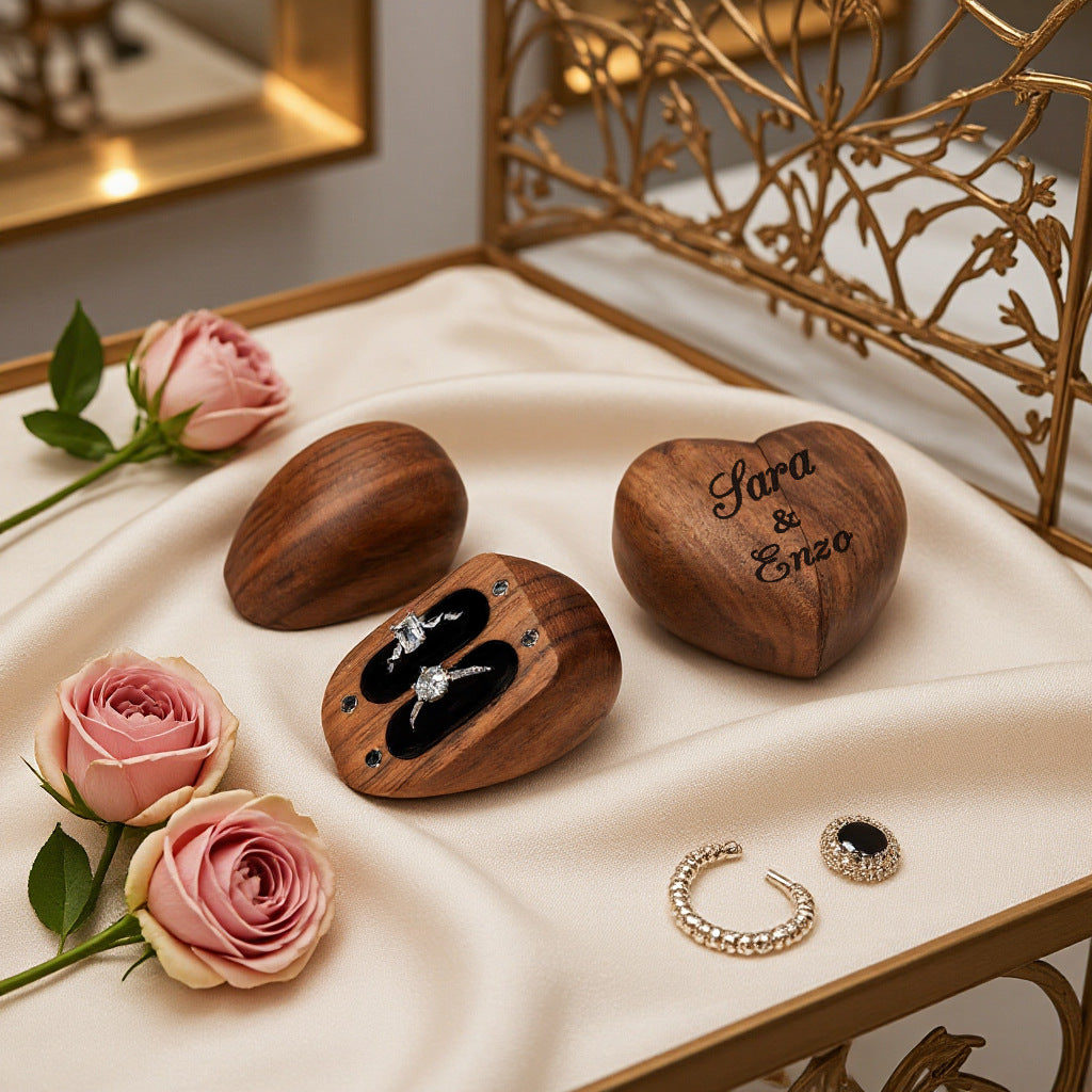 Personalised Heart Walnut Dual Ring Box – Custom Engraved Wedding Ceremony Keepsake