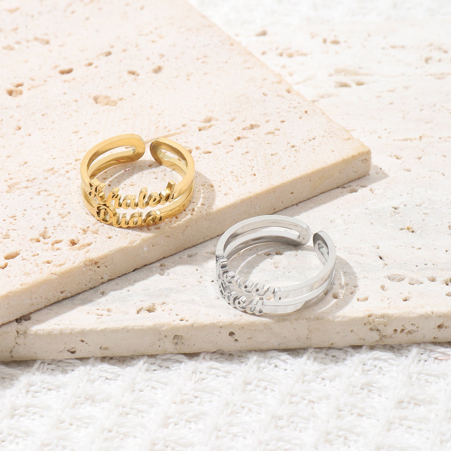 Personalised gold and silver double name rings with adjustable open design – custom engraved couple or friendship gift.