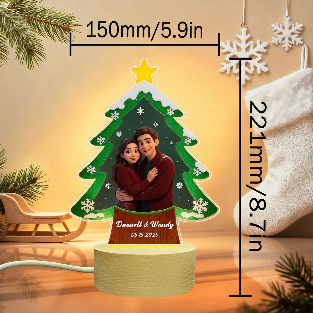 pixar style personalised christmas couple night light with custom portrait names and date festive gift for her