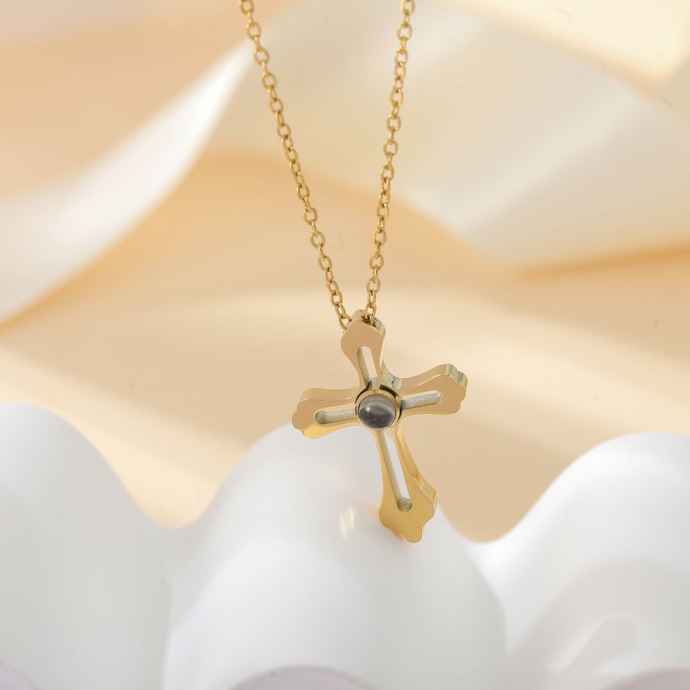 Personalised cross necklace with hidden photo projection – custom jewellery gift of faith and memory