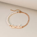 Personalised name bracelet with pearl and chain design in gold