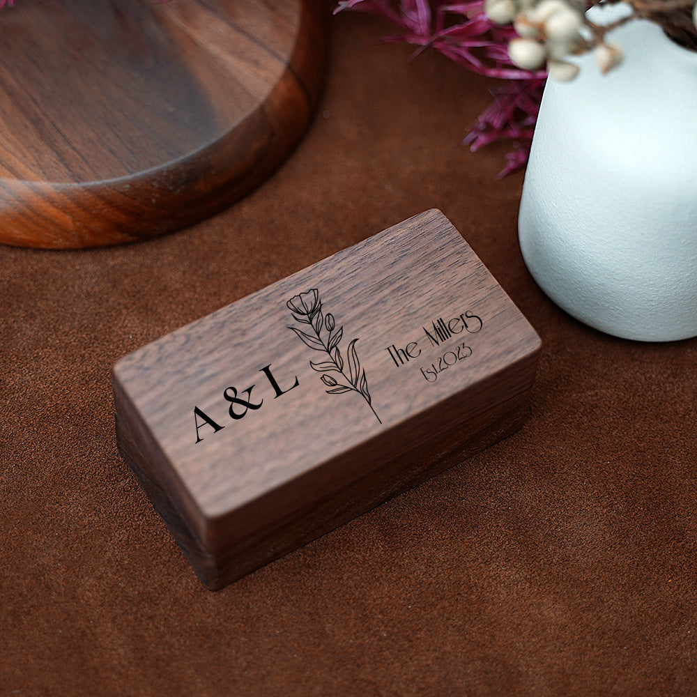 Personalised Walnut Dual Ring Box - Custom Engraved Rectangular Wedding Ring Holder