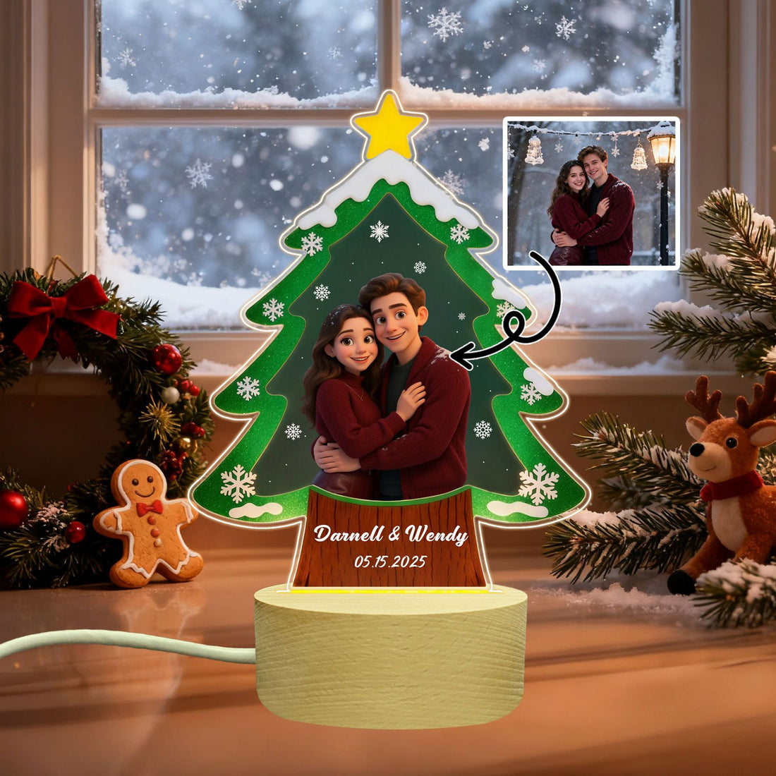 pixar style personalised christmas couple night light with custom portrait names and date festive gift for her