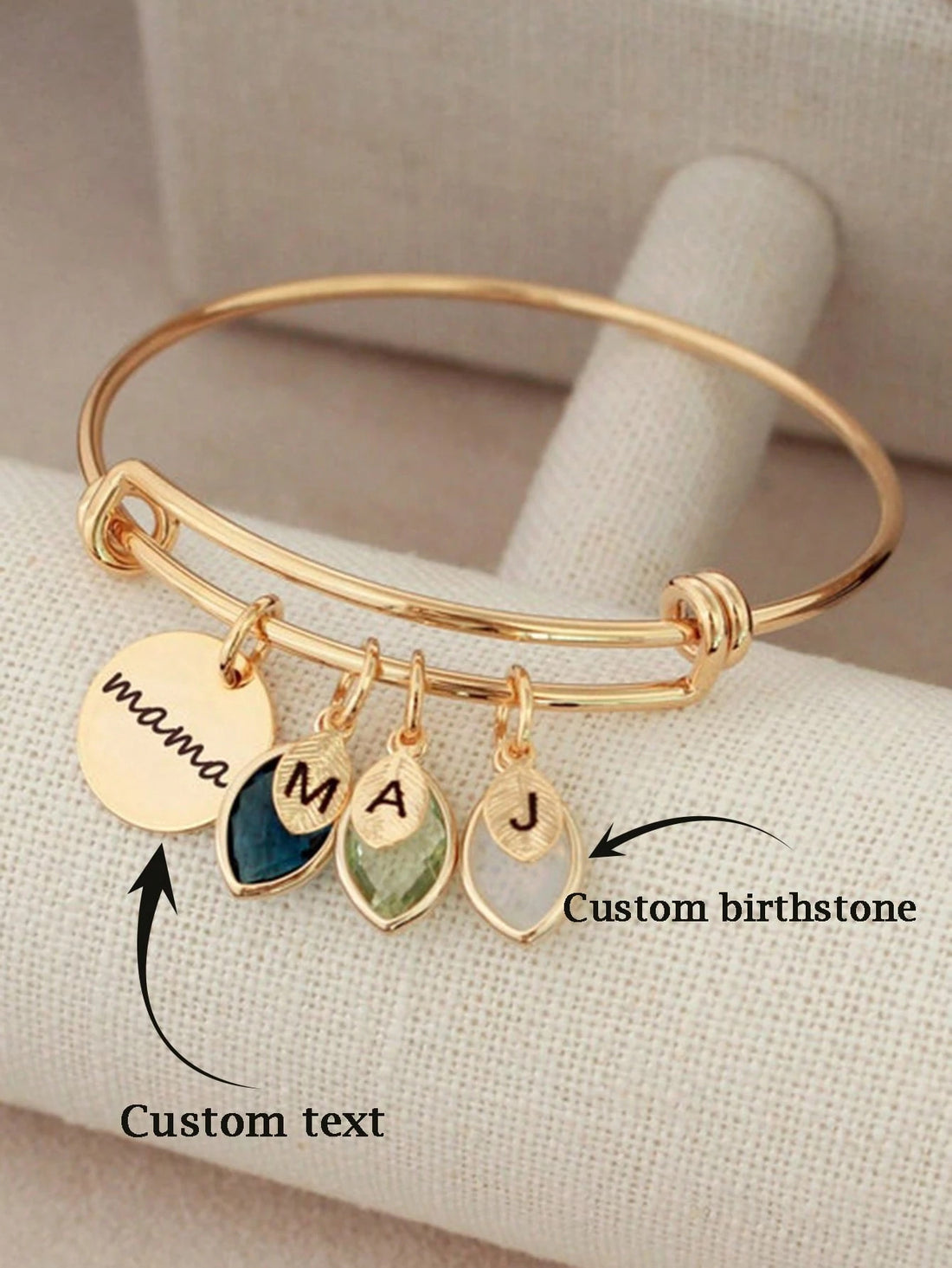 Adjustable personalised bangle with engraved disc and birthstone charms in gold and silver