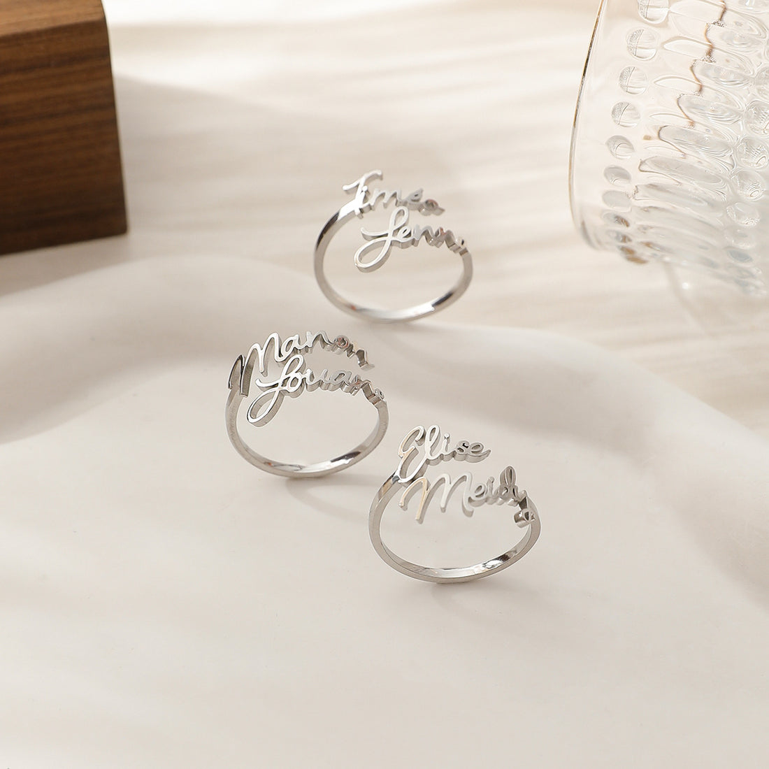 Personalised silver double name rings with layered script design – custom adjustable couple or friendship gift.