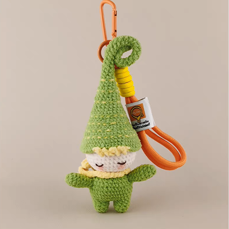 handmade crochet forest elf keychain in green
