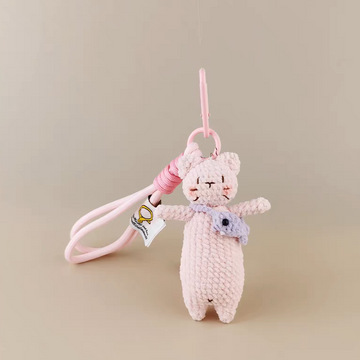 handmade crochet pink kitty keychain hugging fish
