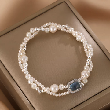 Handmade double layer freshwater pearl bracelet with blue geometric stone
