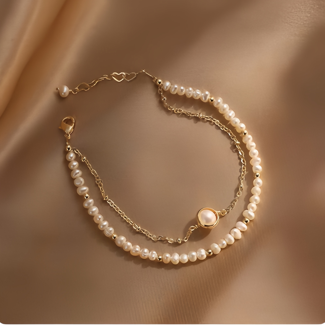 Handmade double layer freshwater pearl bracelet with 14K gold plated chain
