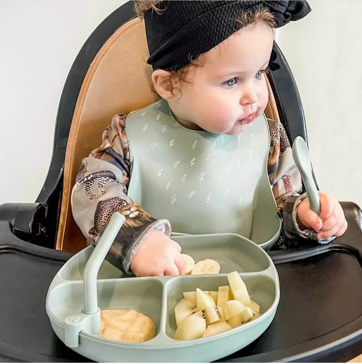All4Ella Silicone Bib with Spoon - Olive