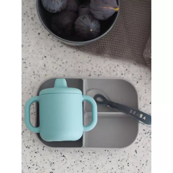 Beaba Silicone Learning Meal Set and Cup - Blue/Grey