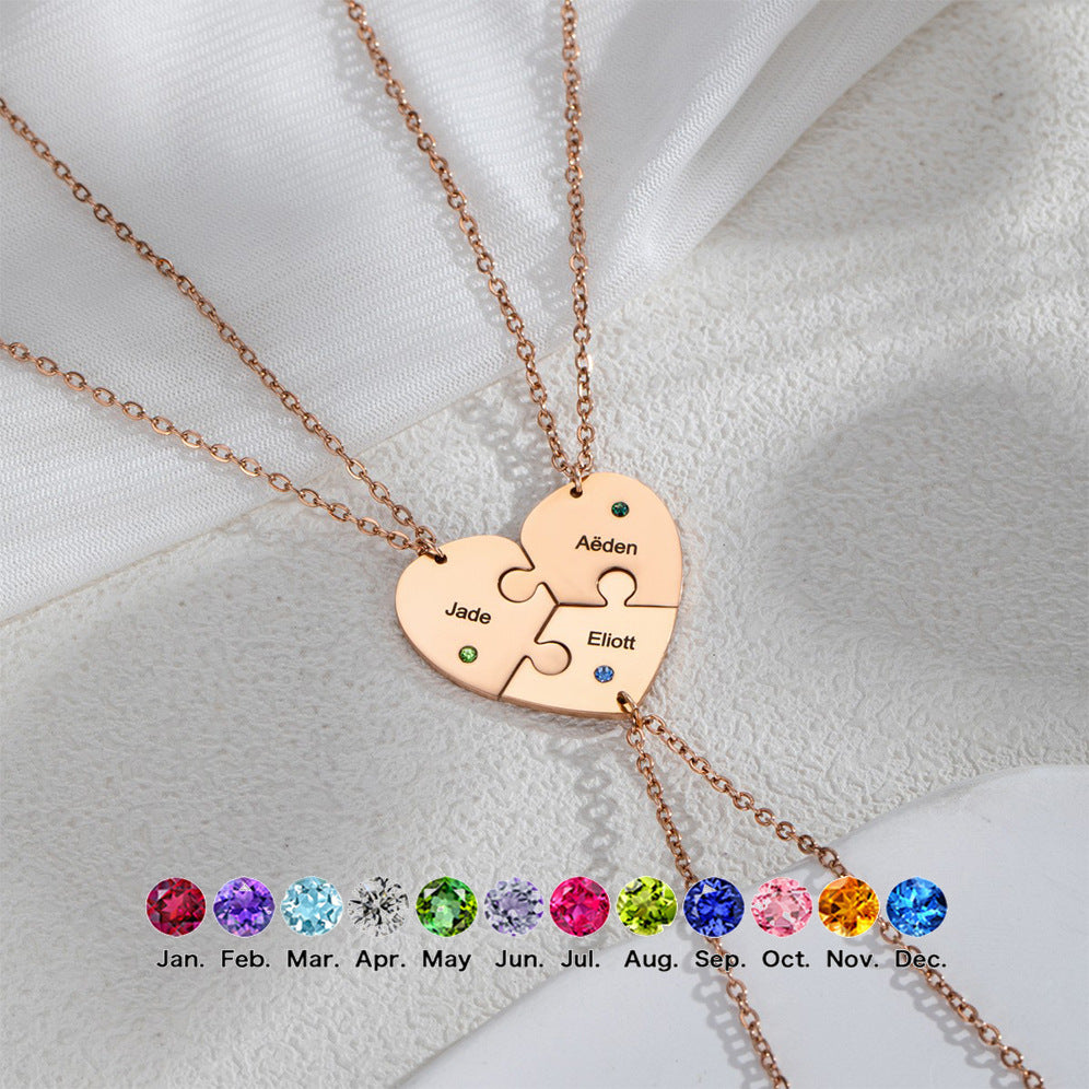 Personalised puzzle heart necklace with birthstones – custom family gift for mum